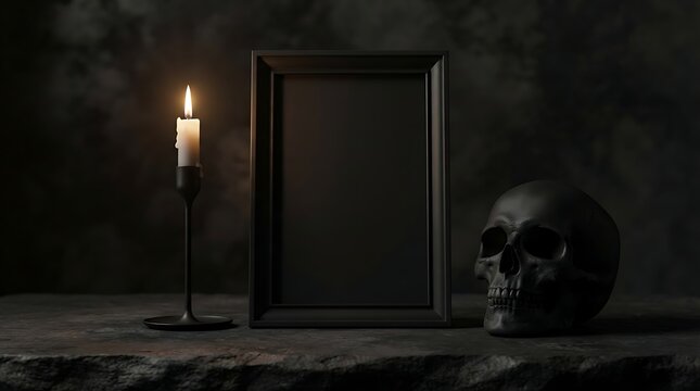 Gothic still life with a black picture frame, a candle, and a skull