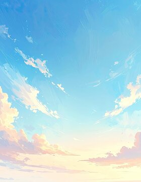 A painterly sky with soft clouds transitioning from blue to golden hues.