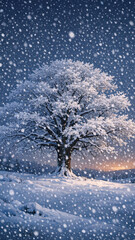 Fototapeta premium A peaceful night scene of falling snow around a lone tree. A serene, picturesque winter landscape.