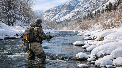 Naklejka premium A man wading in a river, fly fishing during wintertime. The snowy landscape and cold water suggest that the sport requires a special level of dedication.