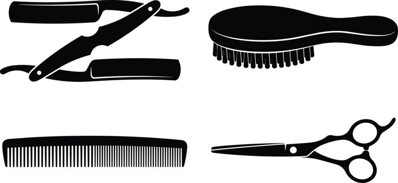 Black silhouette vector icon set of classic barber shop tools including straight razor, hairbrush, comb, and scissors