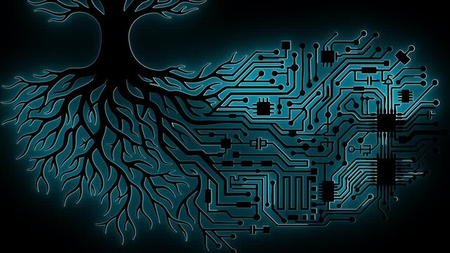 A tree with roots morphing into a circuit board brain, representing the fusion of nature and technology in a dynamic motion graphic.