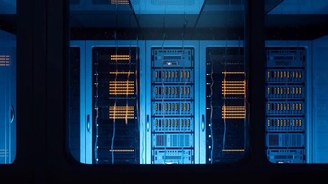 Wet observation windows reveal illuminated server racks inside secure datacenter room with orange status lights, cool reflections, metal panels, symmetry and moody industrial atmosphere