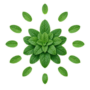 Fresh green mint leaves arranged in a radial pattern against a white background transparent background