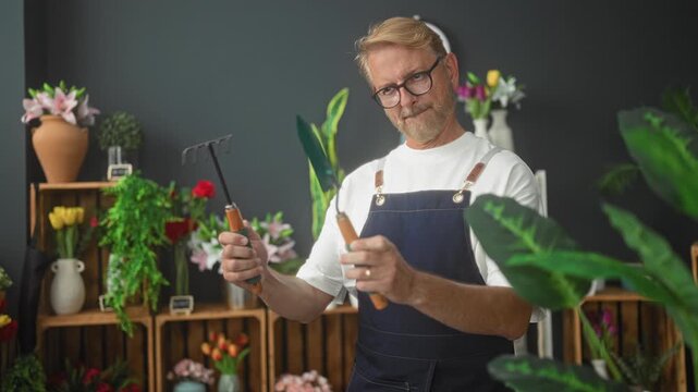 Man florist holds trowel and hand rake with visible hands in studio surrounded by flowers and greenery; contentment craftsmanship.