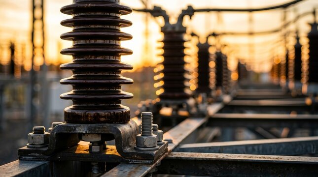 An energy grid infrastructure concept showing detailed ceramic insulators in sunset light.