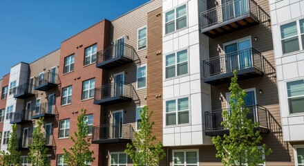 Obraz premium Modern Multi-Story Apartment Building with Balconies, Brick and Siding Facade under Clear Blue Sky - Urban Residential Architecture