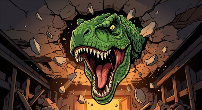 Green T-Rex Crashing Through Ceiling Pixel Art Illustration