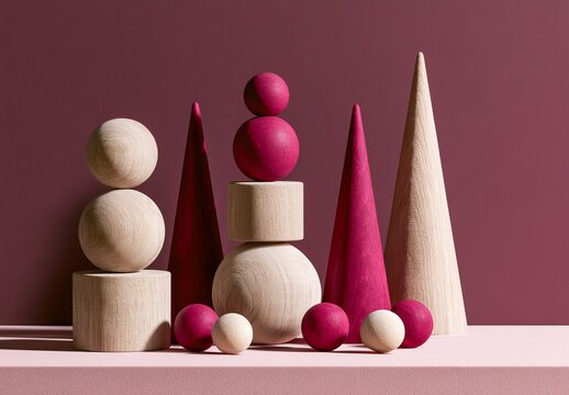 Geometric wooden sculptures with beige and magenta shapes on pink background.