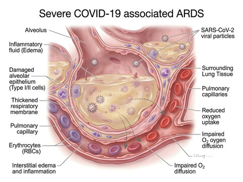 Severe covid-19 ards in lung alveolus diagram isolated on white background