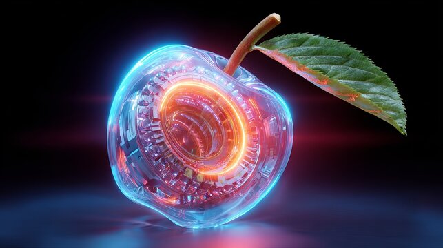 Glowing futuristic apple with mechanical core and neon technology design.