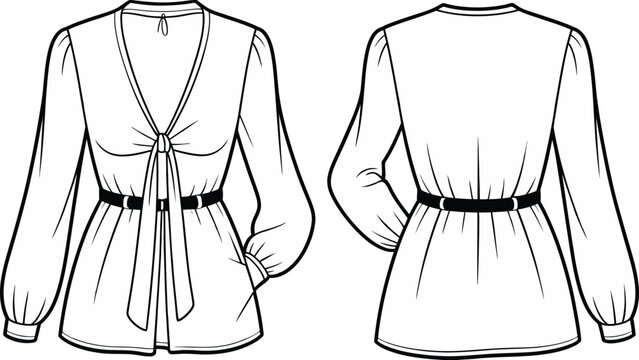 Black and white of two women's tops with lace-up fronts and long sleeves shirt