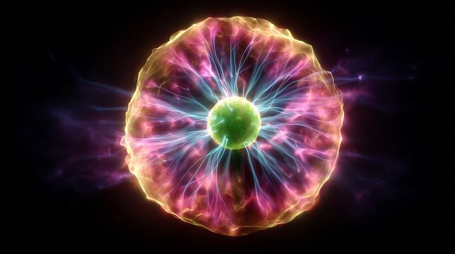Glowing plasma ball with green core and colorful electric filaments.