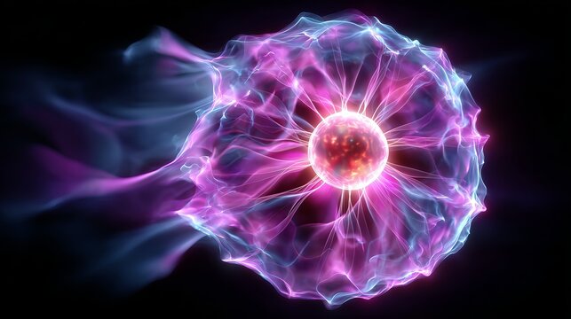 Glowing plasma ball with colorful electric tendrils on dark background.