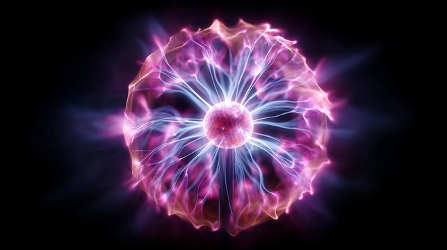 Glowing plasma ball with colorful electric tendrils on dark background.