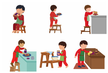 Cute Little Boy in Pajamas and Apron Preparing and Eating Jam Sandwich Character Illustration Set