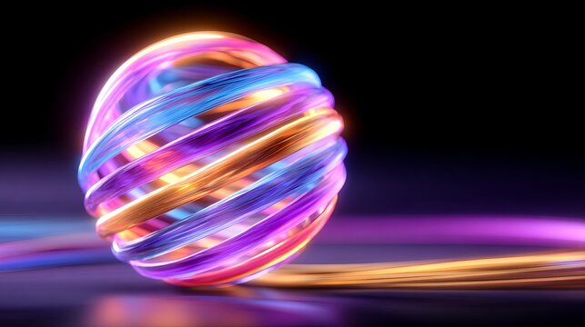 Glowing abstract neon sphere with colorful luminous ribbons on dark background.