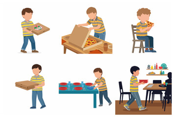 Vector illustration set featuring a young boy getting ready for pizza night, carrying takeout boxes, setting the dinner table, and enjoying a slice of delicious pepperoni pizza.