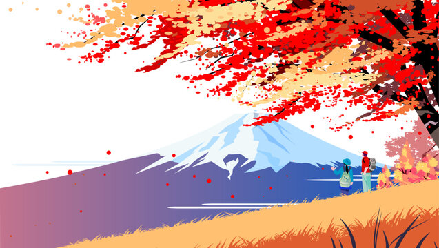 鮮やかな紅葉と富士山を眺めるカップルの秋のイラスト背景