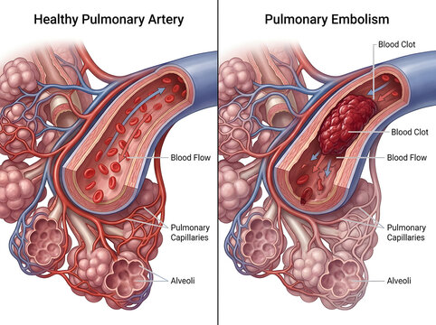 Healthy vs blocked pulmonary artery with blood clots isolated on white background