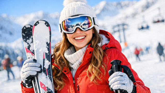 Young female skier wearing goggles and a red coat, holding her snowboard after a run on the mountain.