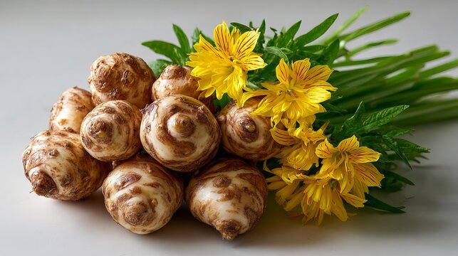 Fresh Jerusalem artichokes with yellow flowers and green leaves isolated on white.