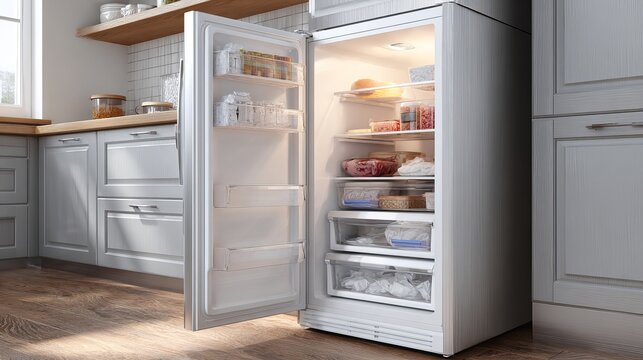 Frost covered freezer compartment with frozen food and ice buildup inside refrigerator.
