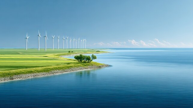 Coastal wind farm with turbines across green fields and calm sea under blue sky.