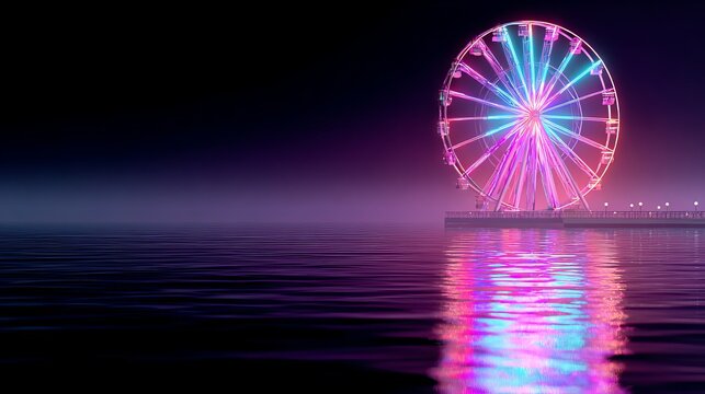 Neon illuminated Ferris wheel at night with colorful reflections and copy space.