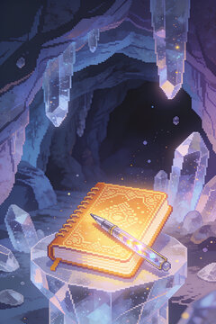 Enchanted pixel art book and magical pen resting on a luminous crystal pedestal within a mystical cave.