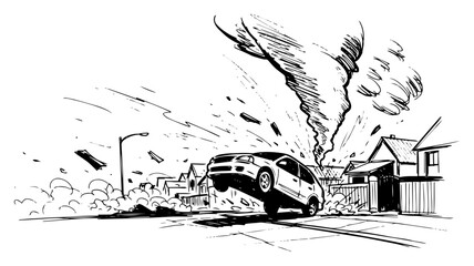 Tornado disaster hitting suburban town with flying car hand drawn sketch vector illustration, destructive storm and natural catastrophe concept © JakubVectorSketch
