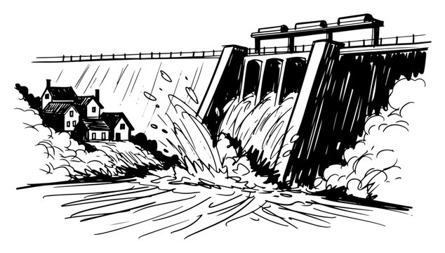 Hydroelectric dam with flowing water and village houses hand drawn sketch vector illustration, renewable energy and water management infrastructure