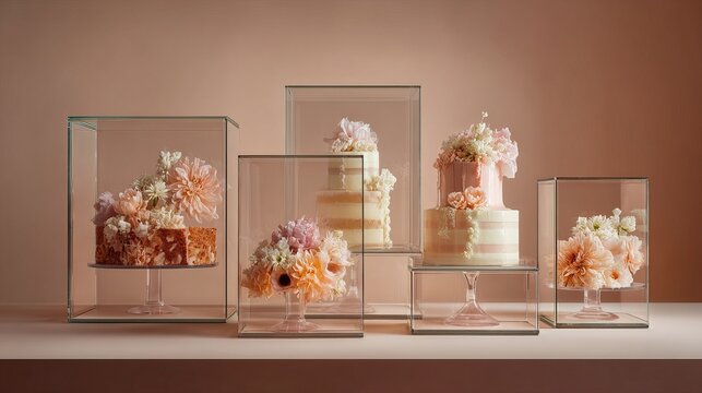 Artistic floral inspired desserts in glass display cases with elegant pastel styling.