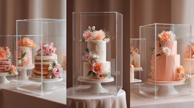 Artistic floral inspired desserts in glass display cases with elegant pastel styling.