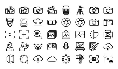 Fototapeta premium Photography Thin Line Icons Set with Camera Studio Photo and Video Equipment Vector Illustration