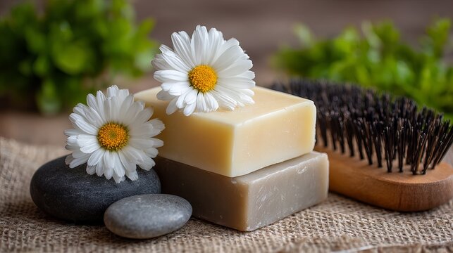 Natural handmade soap bars with daisies, massage brush and spa stones on burlap surface.