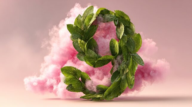 Number nine formed by green leaves with pink cloud texture on light background.