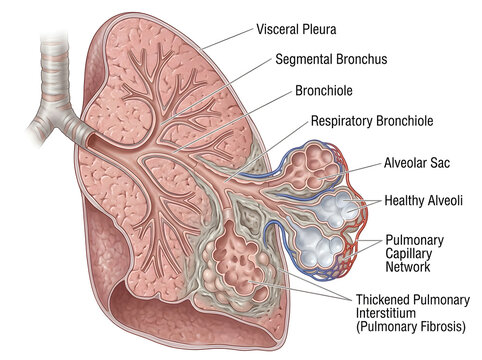 Human lung anatomy with pulmonary fibrosis illustration isolated on white background