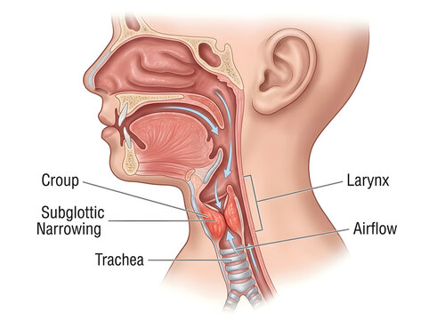 Human throat anatomy showing airflow and subglottic narrowing isolated on white background