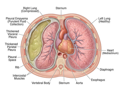 Medical illustration of compressed lung with pleural empyema isolated on white background