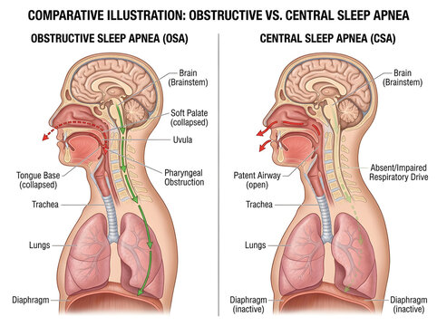 Obstructive vs central sleep apnea medical illustration isolated on white background