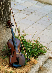 Violin leans on tree outdoors. © irakite