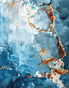 Close-up of a weathered blue surface with peeling paint and rust.