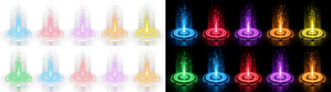 Set of glowing holographic portal rings with light beams holographic futuristic platform