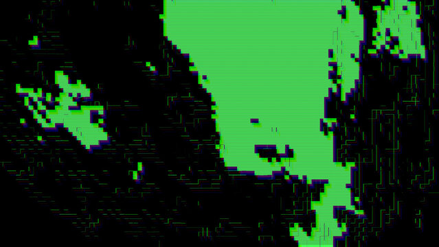 Green 8bit glitch texture with pixel distortion and scanline artifacts on black background. Digital signal corruption with chromatic aberration for rave poster and electronic music video design.