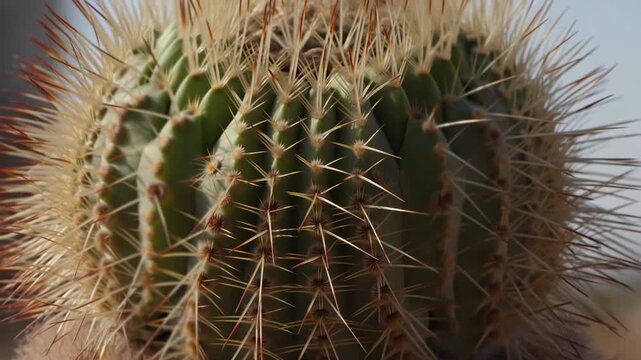 Barrel cactus crown with dense radial spines under warm directional light, showing repeating rib structure, fuzzy areoles, sharp texture, and natural desert pattern