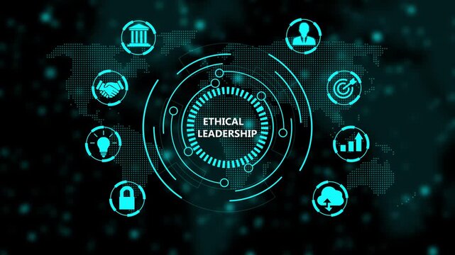 Ethical leadership concept with digital hud interface and global business on map background, business ethics