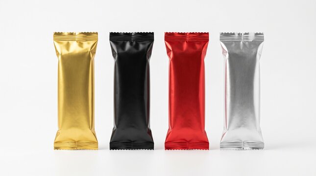 Packaging mockups of four foil candy wrappers in gold, black, red, and silver standing upright