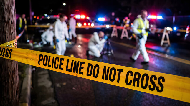 Crime scene investigation underway with police tape and forensic team
