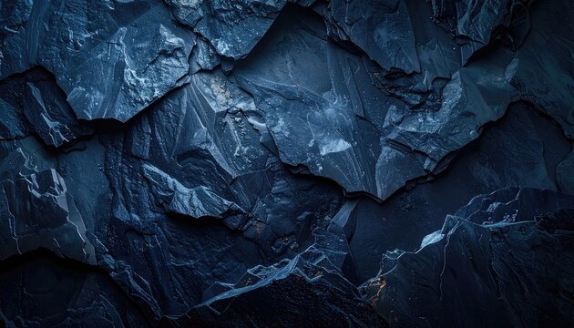 Deep blue textured rock formations with sharp edges and layered patterns.